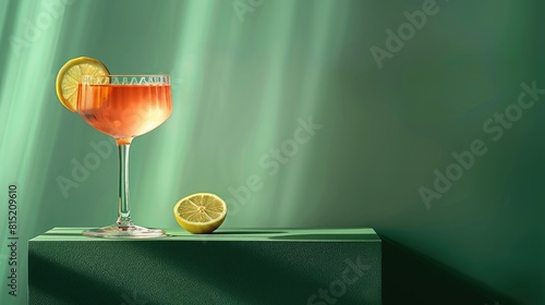 On a green background, a cosmopolitan cocktail is elegantly displayed on a podium. The glass contains a delightful alcoholic beverage