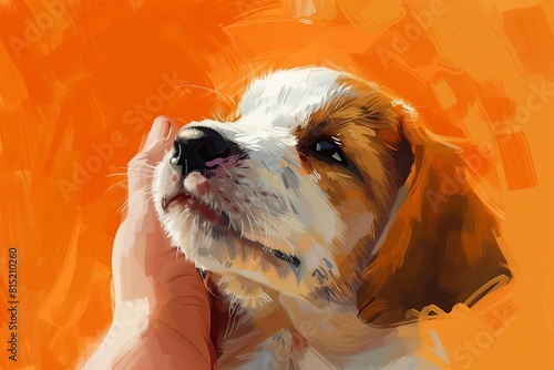 adorable puppy enjoying affectionate head pats against a vibrant tangerine backdrop digital art illustration