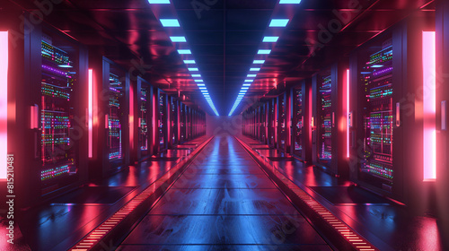 Futuristic Efficiency  High-Tech Data Center with Rows of LED-Lit Servers