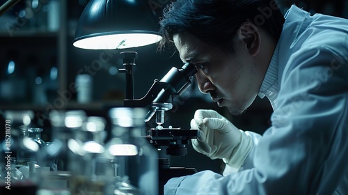 Create a detailed image of a forensics expert using a microscopic camera to take photos of trace evidence photo