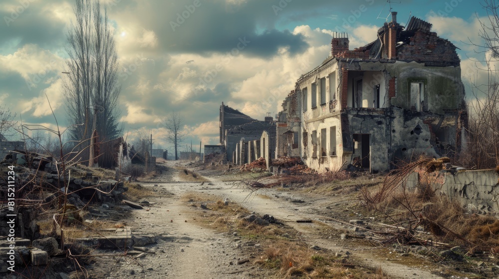 Desolate scene of an abandoned, war-torn village with crumbling buildings and a dirt road under a cloudy sky, depicting post-apocalyptic devastation.