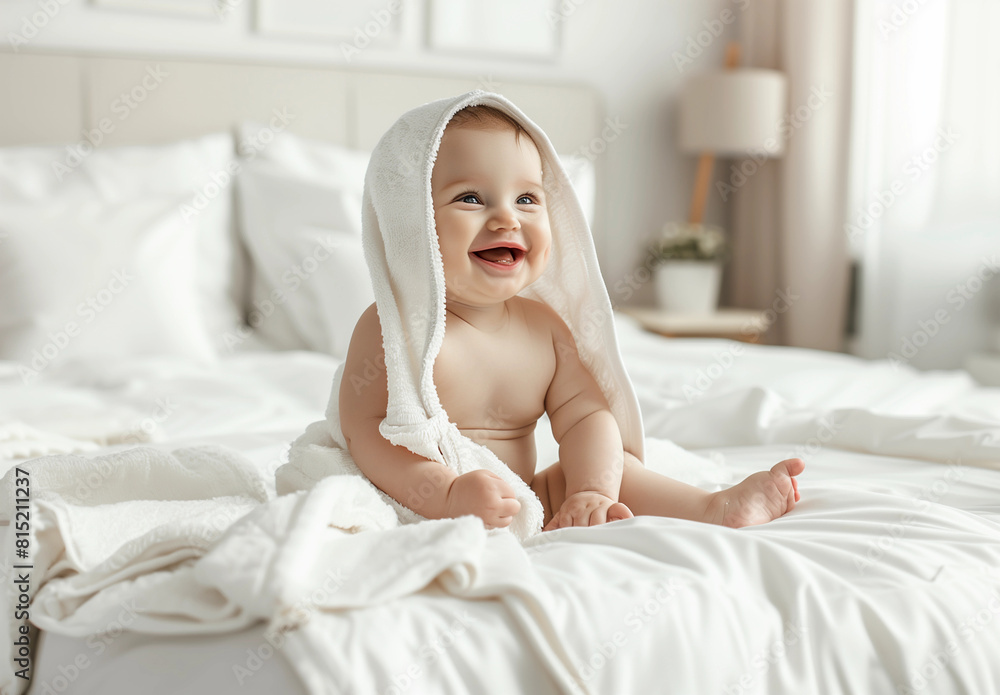 A cute baby wrapped in white towel, sitting on the bed with happy expression A cute baby wrapped in white towel, sitting on the bed with happy expression