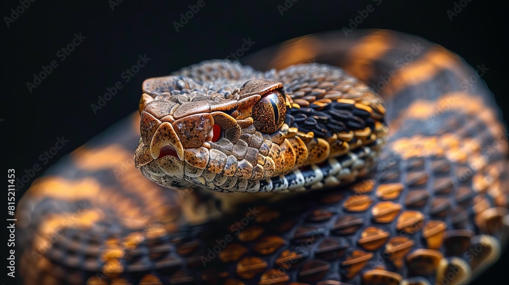Create an image of a rattlesnake with its tail raised, on a black background, designed for a dramatic banner with copy space Create an image of a rattlesnake with its tail raised, on a black background, designed for a dramatic banner with copy space