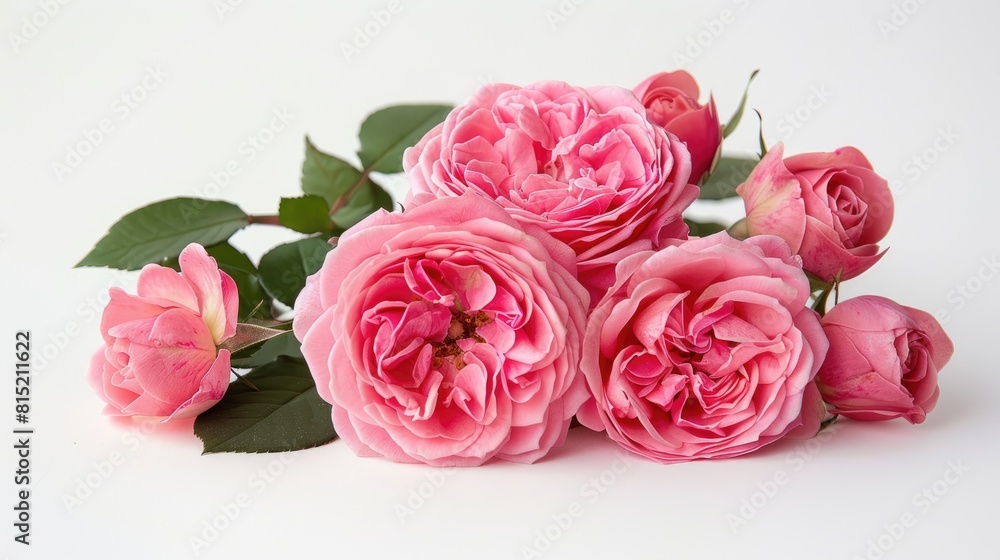 A cluster of vibrant pink roses set against a pristine white background A cluster of vibrant pink roses set against a pristine white background
