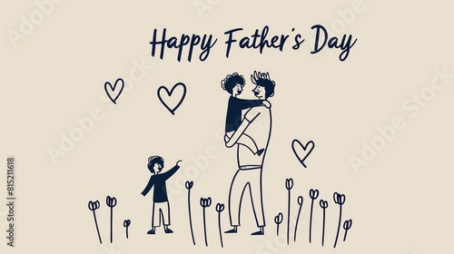 This minimalist Father s Day card showcases a continuous line drawing of a father and child in a playful pose  accompanied by a simple heart and the message  Happy Father s Day 