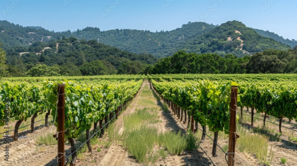 Rows of grapevines stretch towards the horizon under a clear blue sky amid rolling hills.