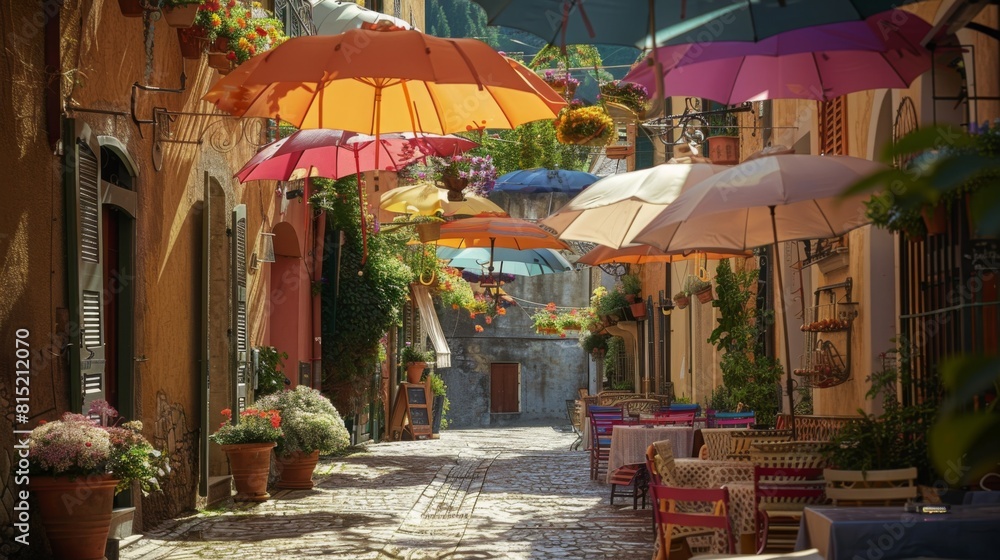 Vibrantly colored umbrellas line a cobblestone street, providing a striking contrast against the neutral tones of the stones. Vibrantly colored umbrellas line a cobblestone street, providing a striking contrast against the neutral tones of the stones.