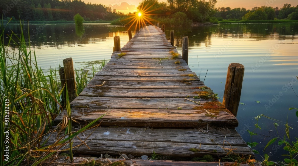 Obraz premium A wooden pier juts into the calm lake, illuminated by the warm hues of the setting sun in the background.