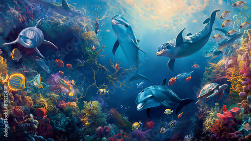 a whimsical underwater scene, featuring a vibrant coral reef teeming with colorful fish, playful dolphins, and graceful sea turtles, evoking a sense of tranquility and wonder beneath the waves © sabry