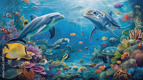 a whimsical underwater scene, featuring a vibrant coral reef teeming with colorful fish, playful dolphins, and graceful sea turtles, evoking a sense of tranquility and wonder beneath the waves