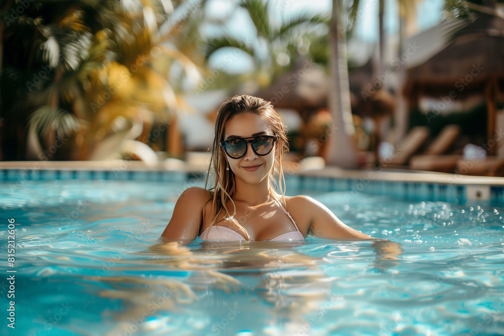 Beautiful young woman in bikini swimsuit bathing in a pool with copy space, experiencing vacation resort relaxation and leisure time