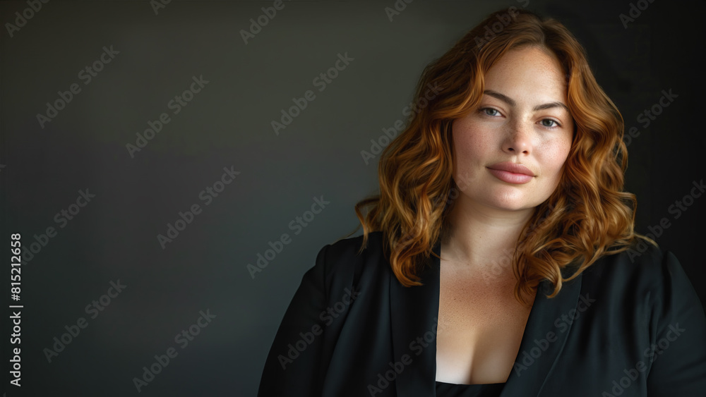 Studio portrait of an attractive woman with long wavy auburn hair. A corporate officer or CEO posing for a company's in-house publication. Copy space. Studio portrait of an attractive woman with long wavy auburn hair. A corporate officer or CEO posing for a company's in-house publication. Copy space.