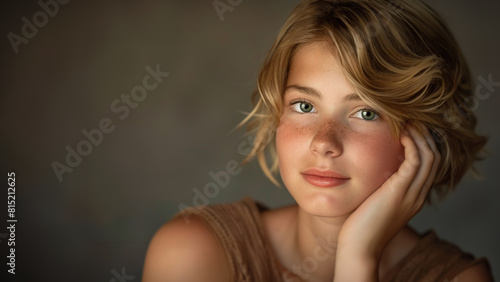 Studio portrait of a healthy young girl resting her chin in her hand. She has short blond hair, plump cheeks, and a health complexion with light freckles. Copy space.