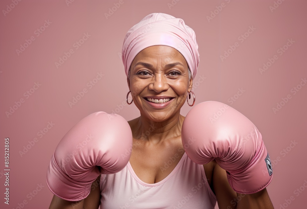 a beautiful old black woman with tubing on her head wearing pink boxing gloves symbol of victory against breast cancer. pink background a beautiful old black woman with tubing on her head wearing pink boxing gloves symbol of victory against breast cancer. pink background