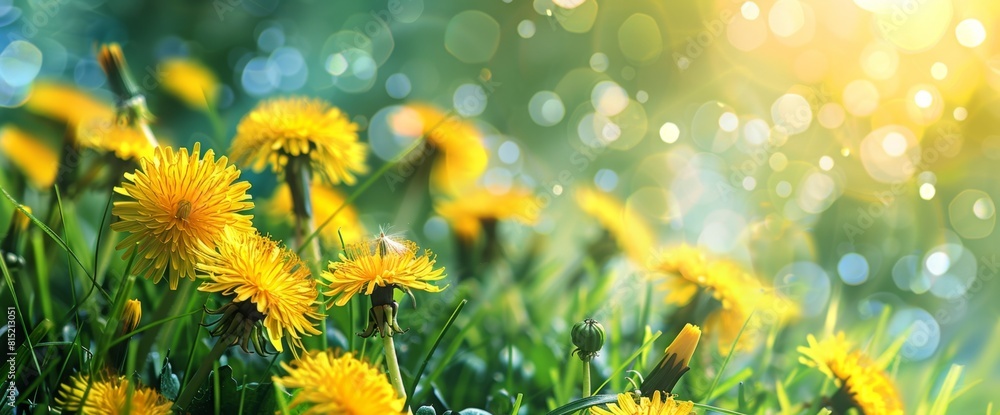 Spring background with yellow dandelions on green grass meadow, sunny day, banner, copy space concept Generative AI