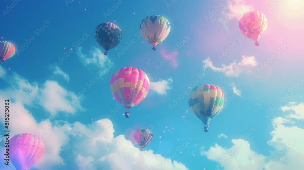 A group of vibrant hot air balloons soaring through the sky on a sunny day, creating a colorful and lively spectacle. A group of vibrant hot air balloons soaring through the sky on a sunny day, creating a colorful and lively spectacle.