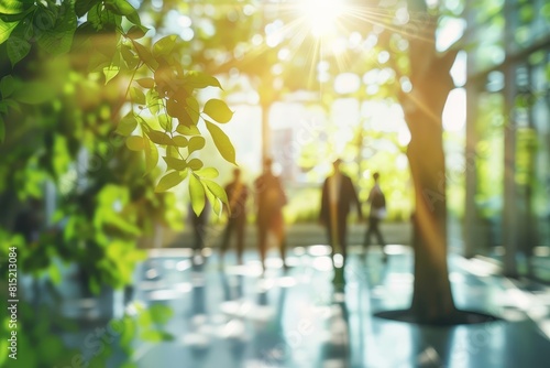 blurred background of people walking in modern ecofriendly office building with green trees and sunlight business concept image with copy space photo