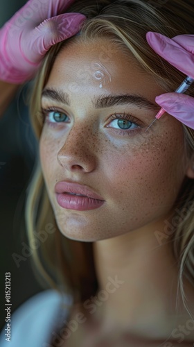 Young woman receiving cosmetic treatment on forehead in a clinical setting. Close-up portrait for medical brochure and health magazine. Beauty treatment and skincare concept.