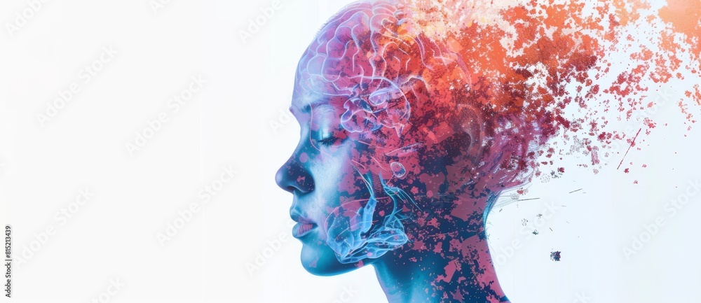 A digital representation of a human head with the brain highlighted dissolving into fragments. Created with Generative AI.