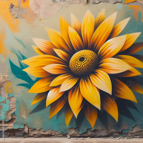 Graffiti de flor amarelo, pintura de parede, arte de rua, street art, flores, desenho,  photo