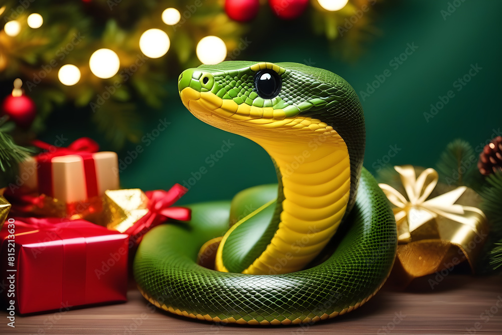 green snake character on new year background with bokeh green snake character on new year background with bokeh