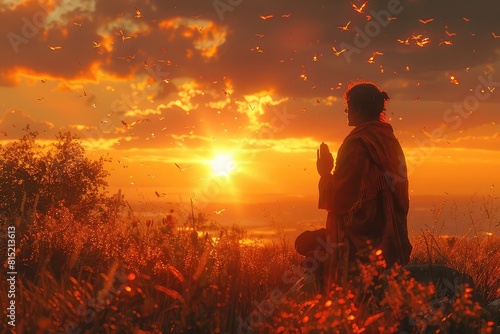 3D render of a person in prayer with a bird taking flight from open hands, dawn light, wide angle