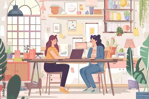 artistic entrepreneurship young female ceramists working together on laptop in their charming studio small business concept illustration