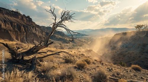 Barren desert scene featuring a twisted, leafless tree and rocky terrain under a cloudy sky, capturing the stark beauty of nature. photo