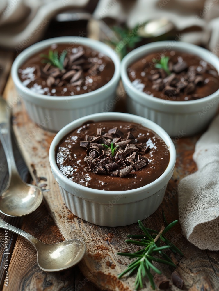 Chocolate pudding or souffle in ramekins ready to be eaten. Chocolate pudding or souffle in ramekins ready to be eaten.