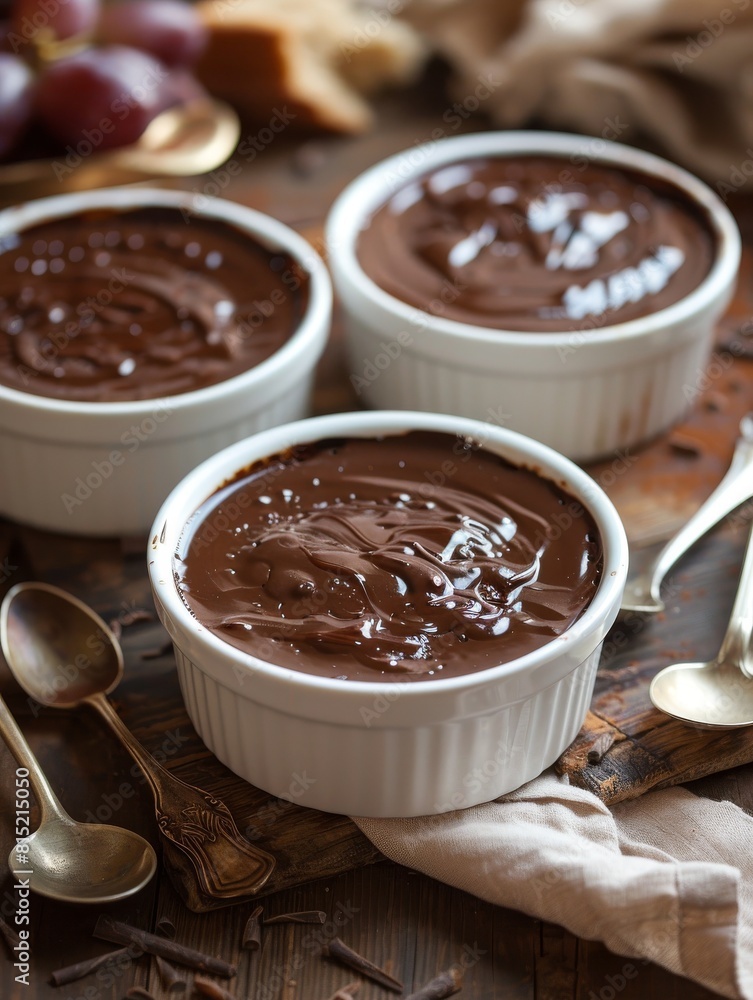 Chocolate pudding or souffle in ramekins ready to be eaten. Chocolate pudding or souffle in ramekins ready to be eaten.
