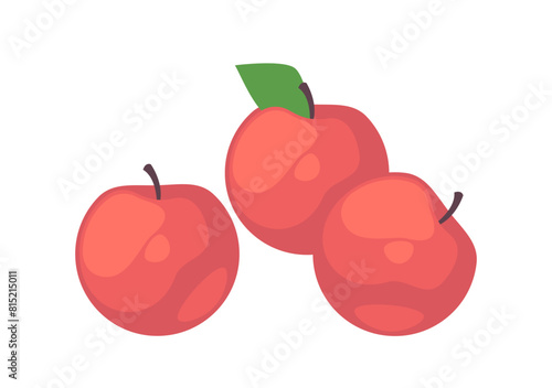 Three red apples with one green leaf on a white background, vector illustration of fruit isolated on white background
