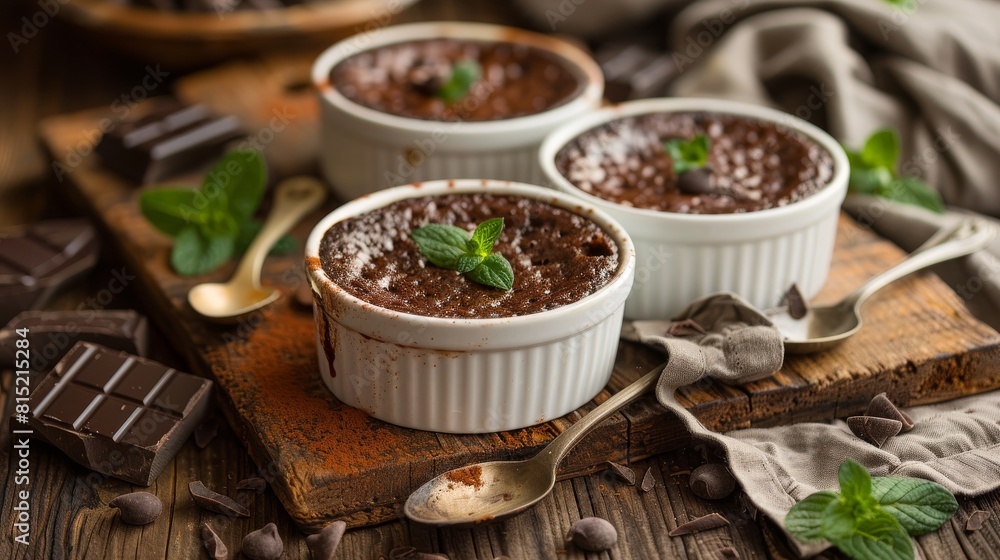 Chocolate pudding or souffle in ramekins ready to be eaten. Chocolate pudding or souffle in ramekins ready to be eaten.