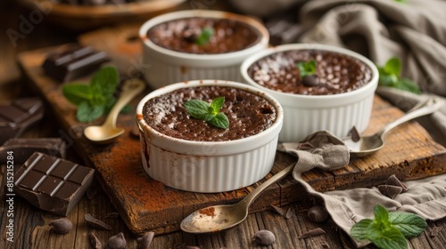 Chocolate pudding or souffle in ramekins ready to be eaten. 