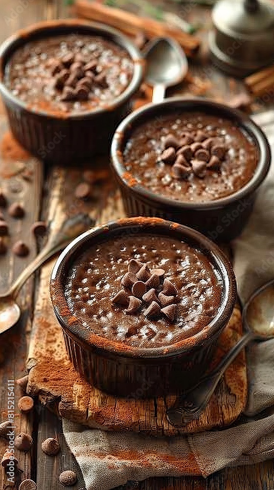 Chocolate pudding or souffle in ramekins ready to be eaten. Chocolate pudding or souffle in ramekins ready to be eaten.