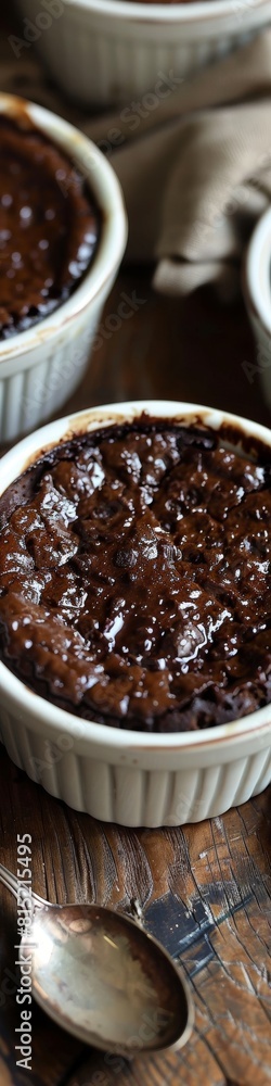 Chocolate pudding or souffle in ramekins ready to be eaten. Chocolate pudding or souffle in ramekins ready to be eaten.