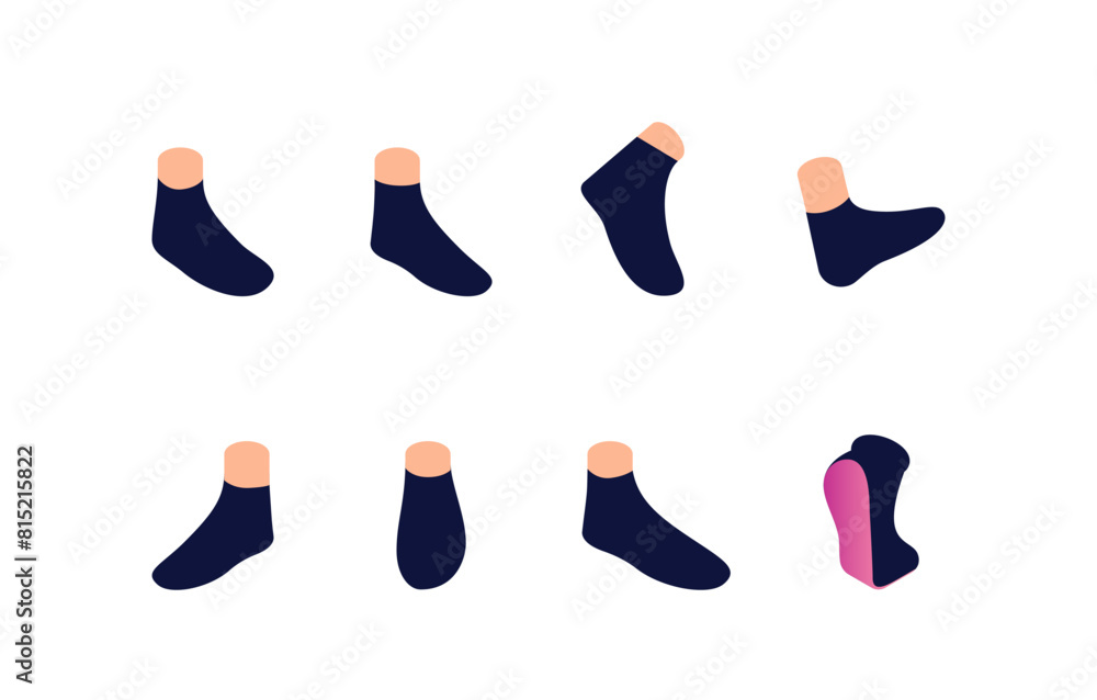 Constructor to create a female character. Set of separate body parts, feet, various socks for movement of characters. Concept of clothing diversity. Vector illustration isolated on a white background Constructor to create a female character. Set of separate body parts, feet, various socks for movement of characters. Concept of clothing diversity. Vector illustration isolated on a white background