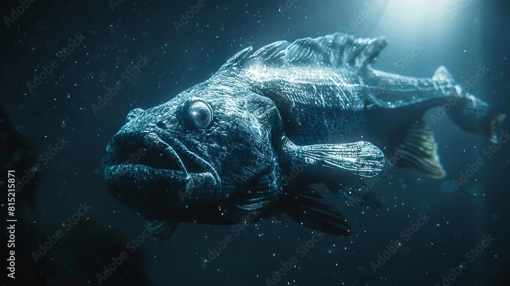 Fototapeta premium Depict a coelacanth caught in the beam of a submarines light, emphasizing its rare and elusive nature