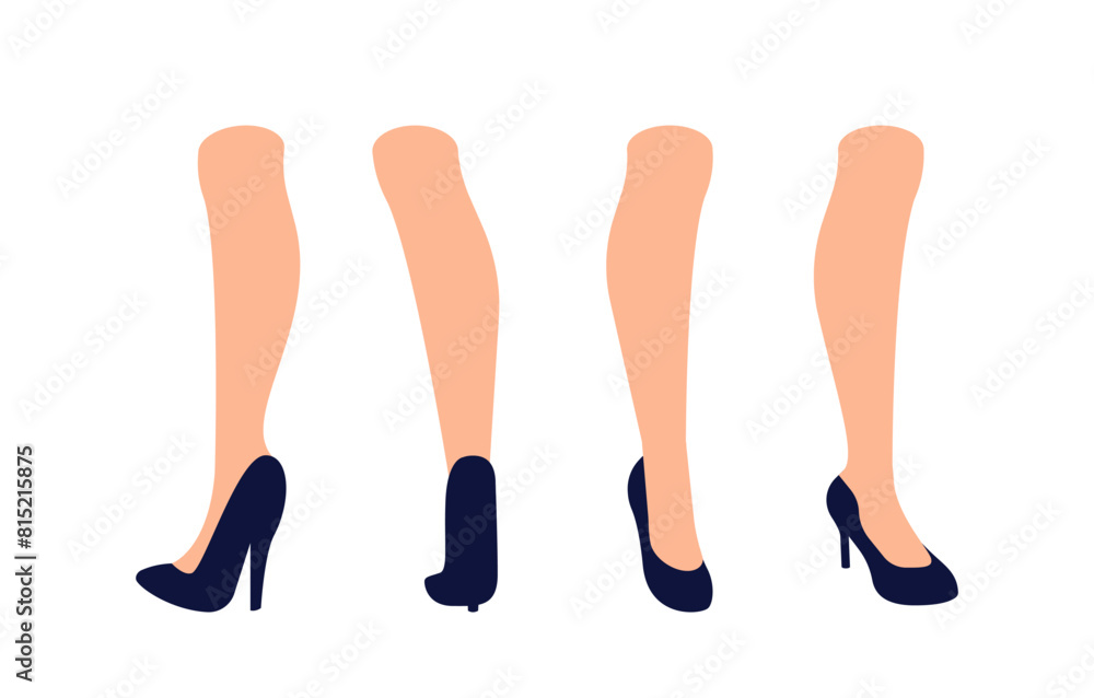 Constructor to create character. Pairs of women's legs in different styles of blue high heels. Feet and leg poses for character movement. Vector illustrations isolated on white background Constructor to create character. Pairs of women's legs in different styles of blue high heels. Feet and leg poses for character movement. Vector illustrations isolated on white background
