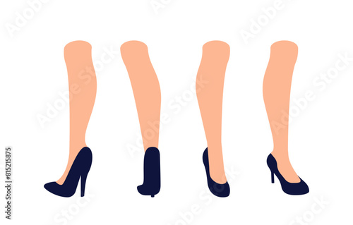 Constructor to create character. Pairs of women's legs in different styles of blue high heels. Feet and leg poses for character movement. Vector illustrations isolated on white background