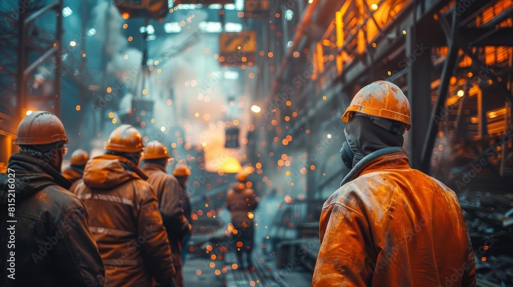 Depict a motivational scene in a metallurgy factory where workers celebrate the successful completion of a safe construction project Depict a motivational scene in a metallurgy factory where workers celebrate the successful completion of a safe construction project