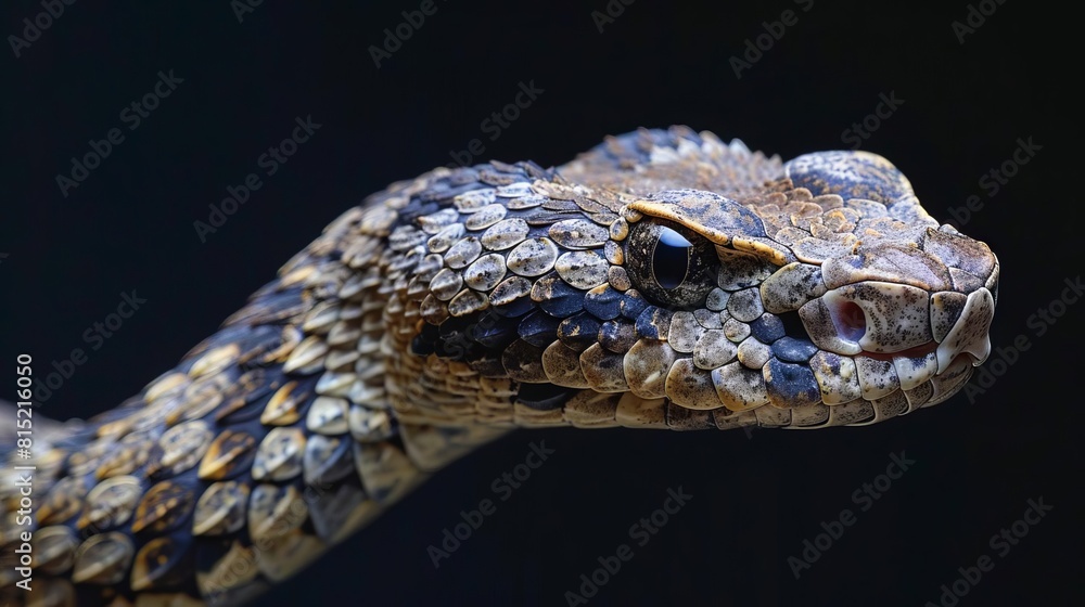 Depict a panoramic banner with a rattlesnake stretching across, its texture detailed against a black background, with ample space for copy on the sides Depict a panoramic banner with a rattlesnake stretching across, its texture detailed against a black background, with ample space for copy on the sides