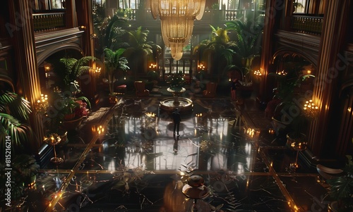 A cinematic still of an exotic art deco casino interior with extravagant overdone decoration. From the series �Interiors,