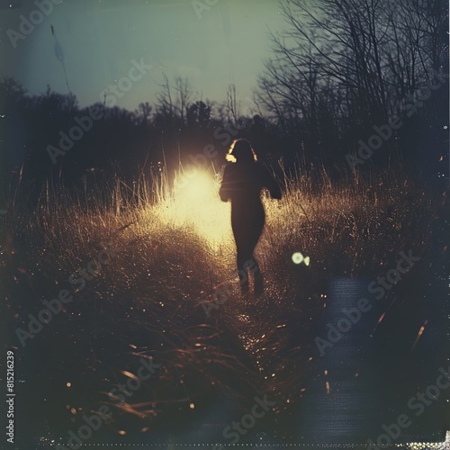 Blurred old Polaroid nighttime outdoor color photo of a young woman with a flashlight walking through high weeds. From the series �Quest," "Recurring Dreams," Trouble."�