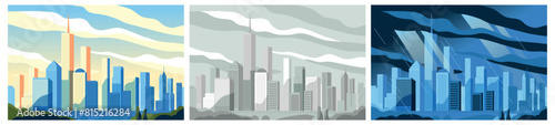 Three stylized cityscape scenes at different times of day, modern vector illustration, with varied color palettes representing dawn, day, and night © Rudzhan