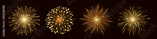 Set of four vector golden fireworks bursting in various shapes on a black copy space background. Firecracker rockets bursting in big sparkling star balls. Vector illustration representing celebration