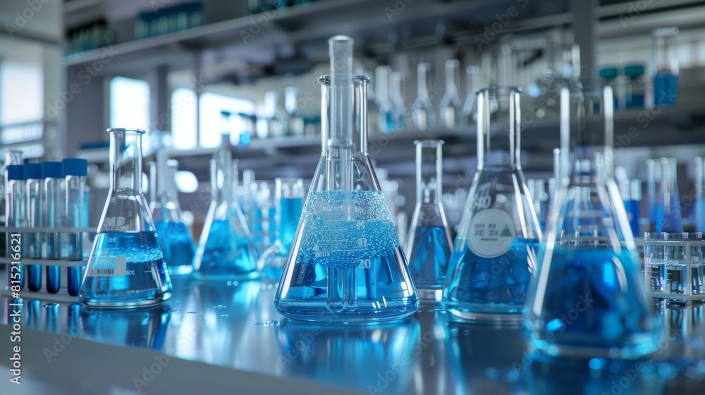 A panoramic view of a laboratory bench showcasing an array of test tubes and beakers filled with blue chemical solutions. This high-resolution image captures the essence of scientific research, featur A panoramic view of a laboratory bench showcasing an array of test tubes and beakers filled with blue chemical solutions. This high-resolution image captures the essence of scientific research, featur
