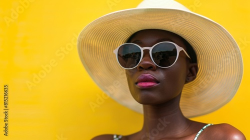 A woman wearing a hat and sunglasses striking a pose in front of a vibrant yellow wall. © Emiliia
