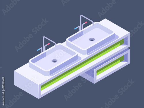 Isometric illustration of double sink vanity unit with faucets on a dark background, concept of modern bathroom furniture design. Vector illustration