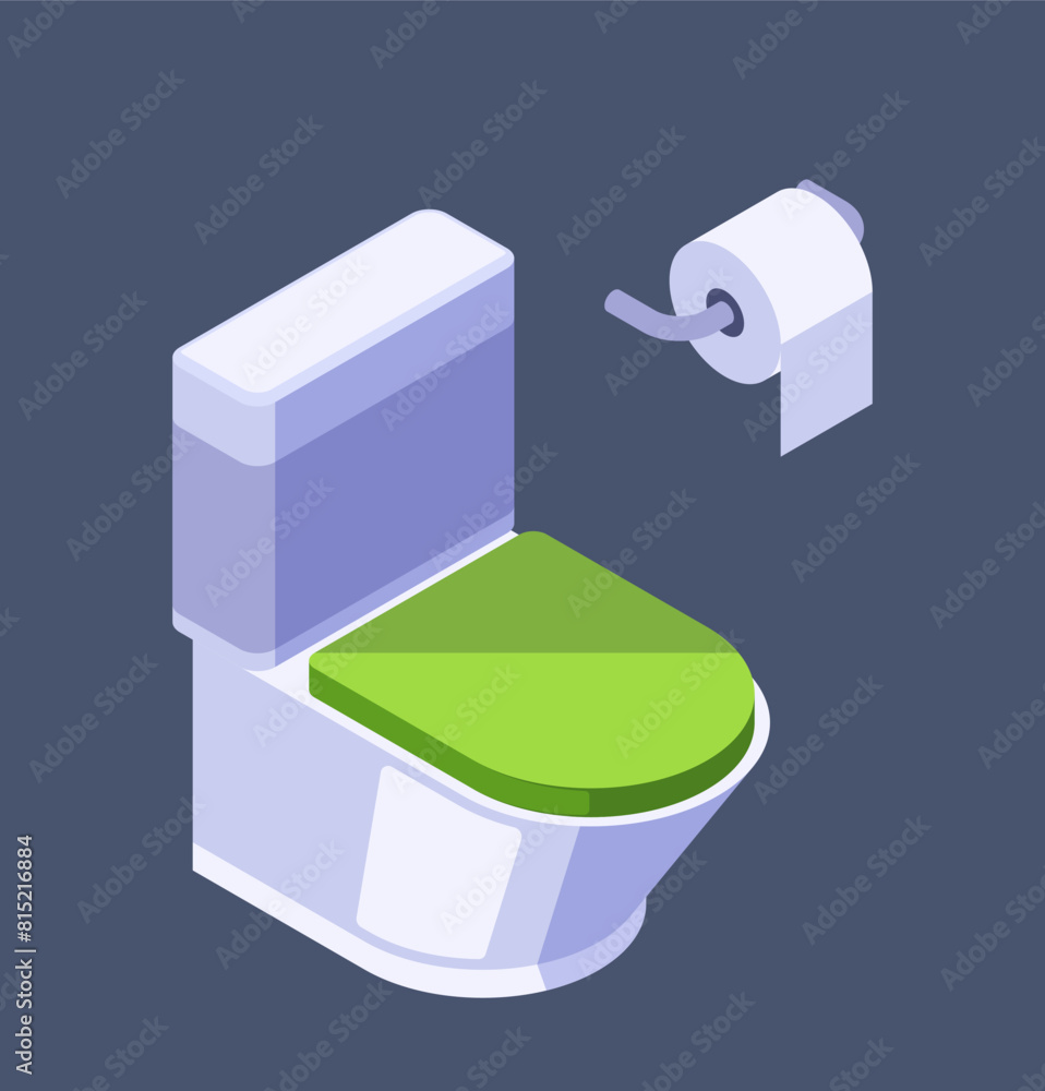 Isometric toilet with a green seat and a roll of toilet paper, vector illustration on a dark background, representing bathroom interior Isometric toilet with a green seat and a roll of toilet paper, vector illustration on a dark background, representing bathroom interior