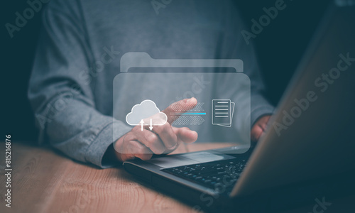 Document Management System (DMS). Database storage cloud technology file data transfer sharing. Businessman using laptop for share data by cloud computing system. Big data. Backup information.